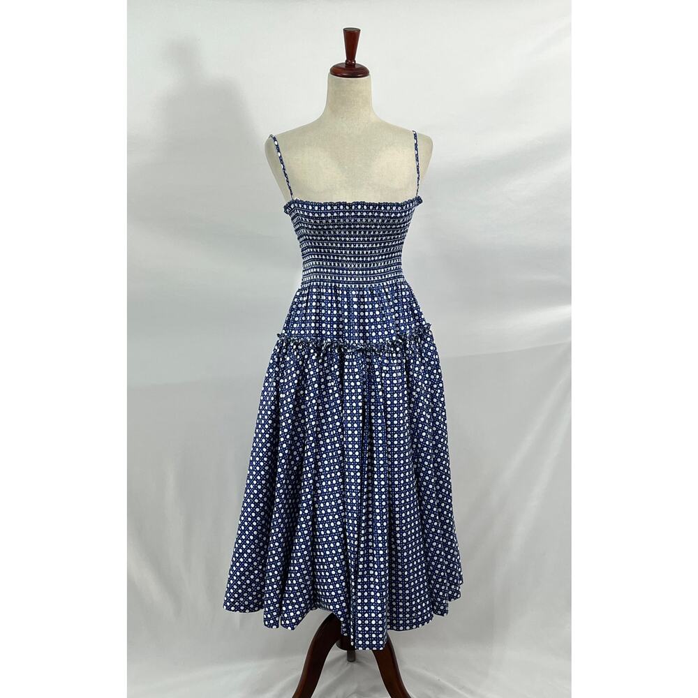 HILL HOUSE Sz XS Blue Basketweave Print Seraphina Midi Dress - Picture 8 of 11